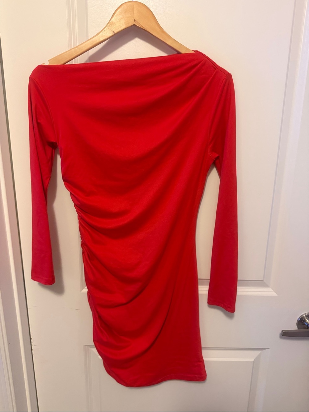 SHEIN Red Long-Sleeve Ruched Off-Shoulder Dress